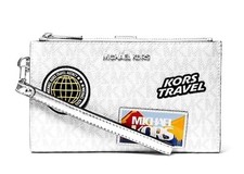 New Michael Kors Jet Set Travel Large Embellished Logo Wristlet Optic White