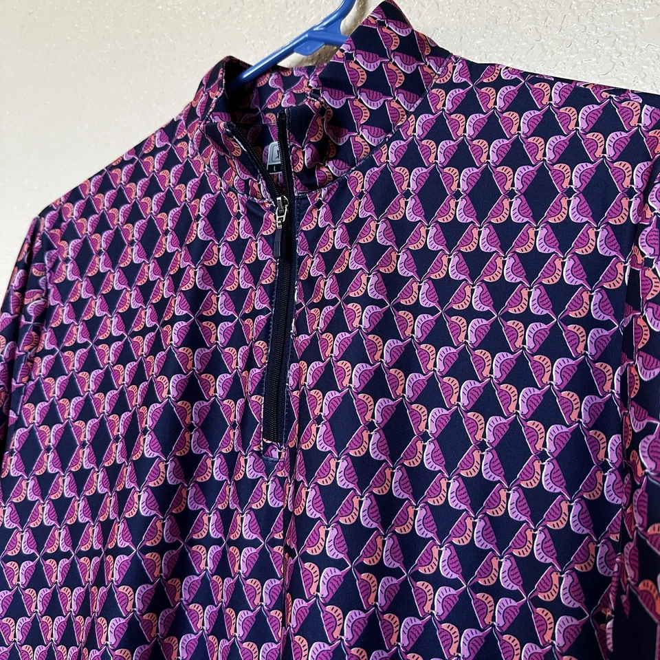 PGA Tour Manga Larga Cuarto Cremallera Mujer’s Corto Grande Estampado de Pájaros Gráfico Púrpura Foto 2 de 4