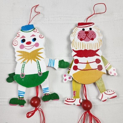 2 Vtg Wooden Pull String Toy Jumping Jax Puppet Christmas Ornament Taiwan Clown