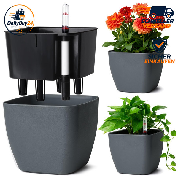 SelbstbewäSserungstopf 17,5Cm 3Er Set Eckig Mit Anzeige Grau Blumentopf-image