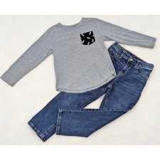 Okie Dokie 2 Piece Shirt And adjustable Jeans Outfit Set 5T Gray Blue Pocket Tee