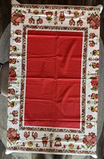 Vintage Tablecloth Pennsylvania Dutch Folk Art Cross Stitch Print Roosters 65x49