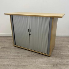 Credenza Tambour Cupboard, Overhang, Light Oak / Silver, W1300mm