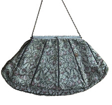 Antique Victorian Tapestry Silver Clasp Women  s Purse Bag Rhinestone Metal Chain