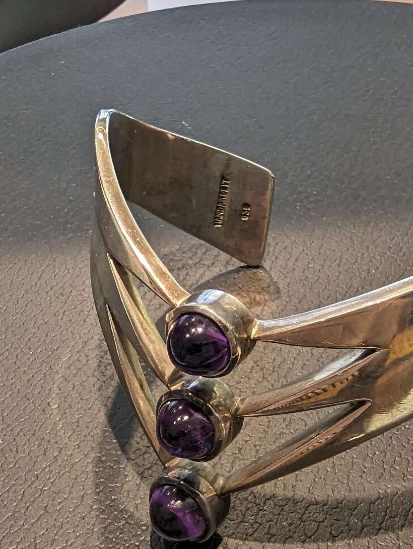 Solid 835 Silver Polished Bangle with 3 Amethysts… - image 2