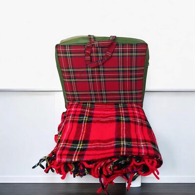 York Wool Stadium Blanket Fringe Carrying Case Red Plaid Made In The USA 54''×54''