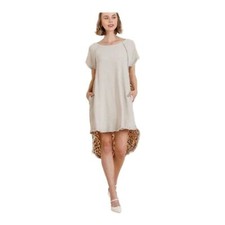 Umgee Sz Small Cream Sheath Linen Dress Raglan Sleeves Leopard Lining Hi Lo
