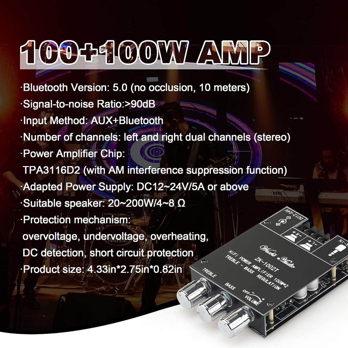 ZK-1002T Bluetooth Amplifier Board with Treble and Bass