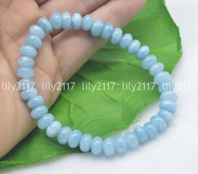 Natural 5x8mm Blue Aquamarine Gems Rondelle Abacus Beads Elastic Bracelet 7.5''
