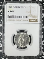 1912 Great Britain 1 Shilling NGC MS61 Lot#G005 Silver! Nice UNC!