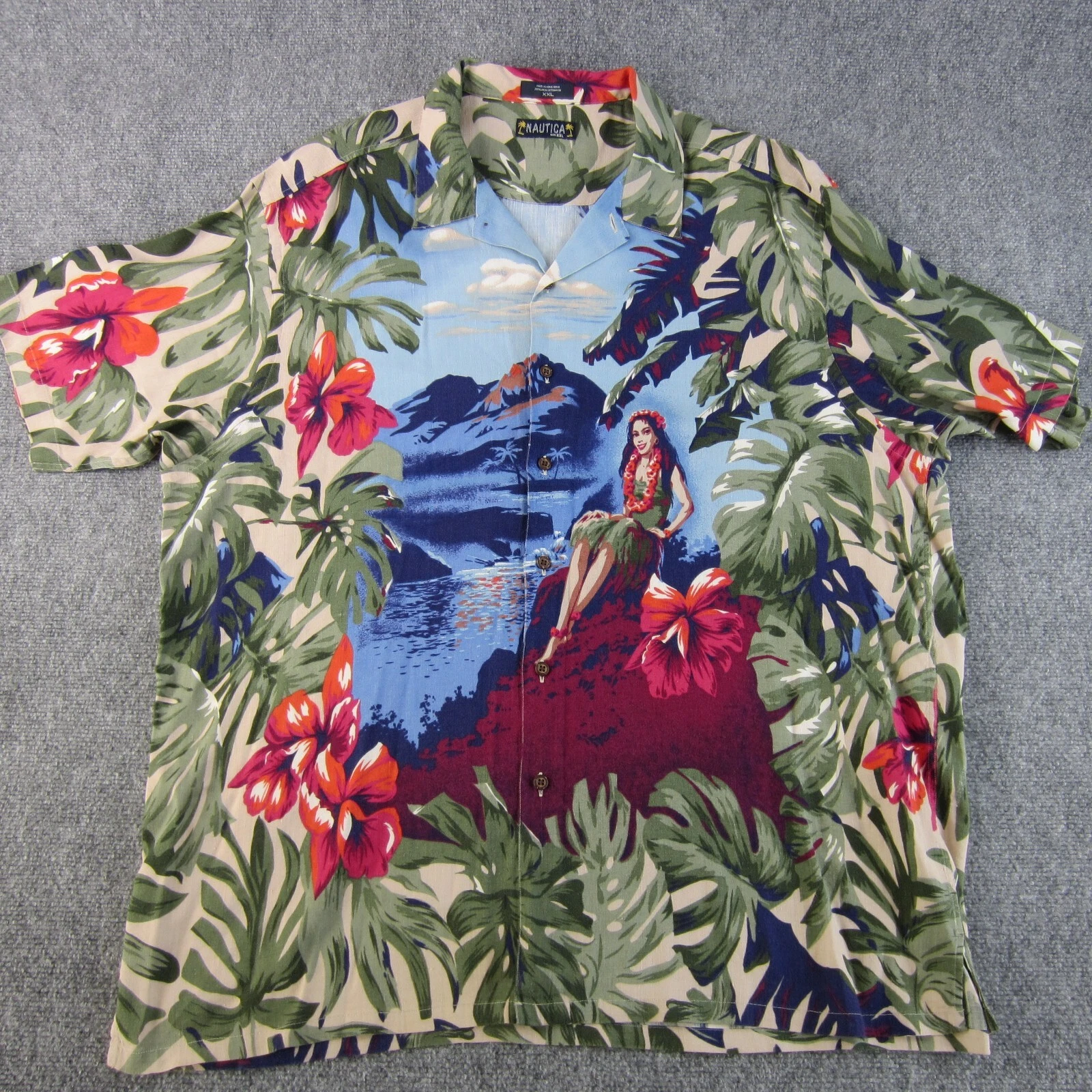 Nautica Hawaiian Shirt Mens 2XL Blue Tropical Floral Aloha Camp Button Up Summer
