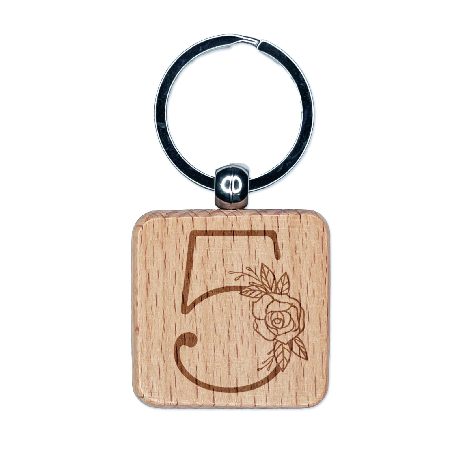 Vintage Rose Typewriter Font Number 5 Engraved Wooden Keychain Charm