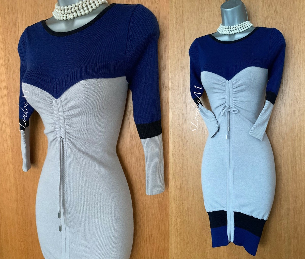 Karen Millen KM 3 Grey & Blue Wool Knit Jumper Dress UK 10/12 Knee Length |  eBay