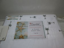 New Coastal PALM TREE Embroidered Collection 4 pcs Twin Sheet Set Green/White