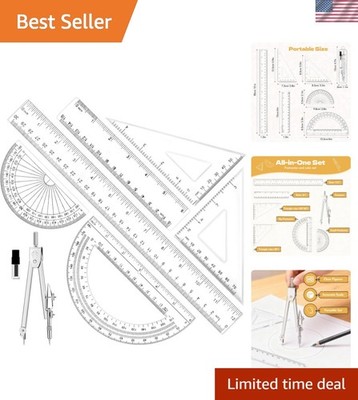 Geometry Set - 7Pcs Geometry Kit with Clear Plastic Ruler 12Inch & 6Inch, Tri...