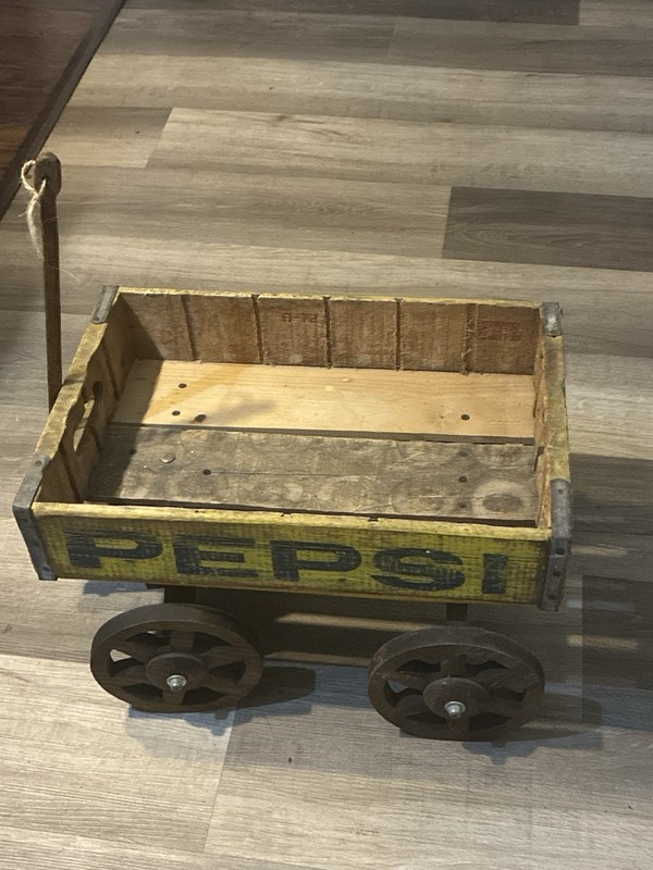 Antique Pepsi Crate Wagon Toy With Original Wooden Wheels Soda Advertising Cart