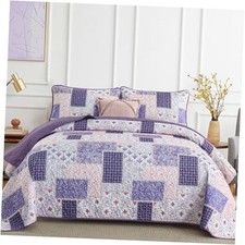 Patchwork Quilt Set Queen Size 3 Pieces Floral Plaid Queen 90"x 90" Purple
