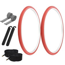 PRO BICYCLE TIRES 26 X 1-3/8 ALL RED P-148 SLICK TREAD W/ TUBES RIM STRIPS