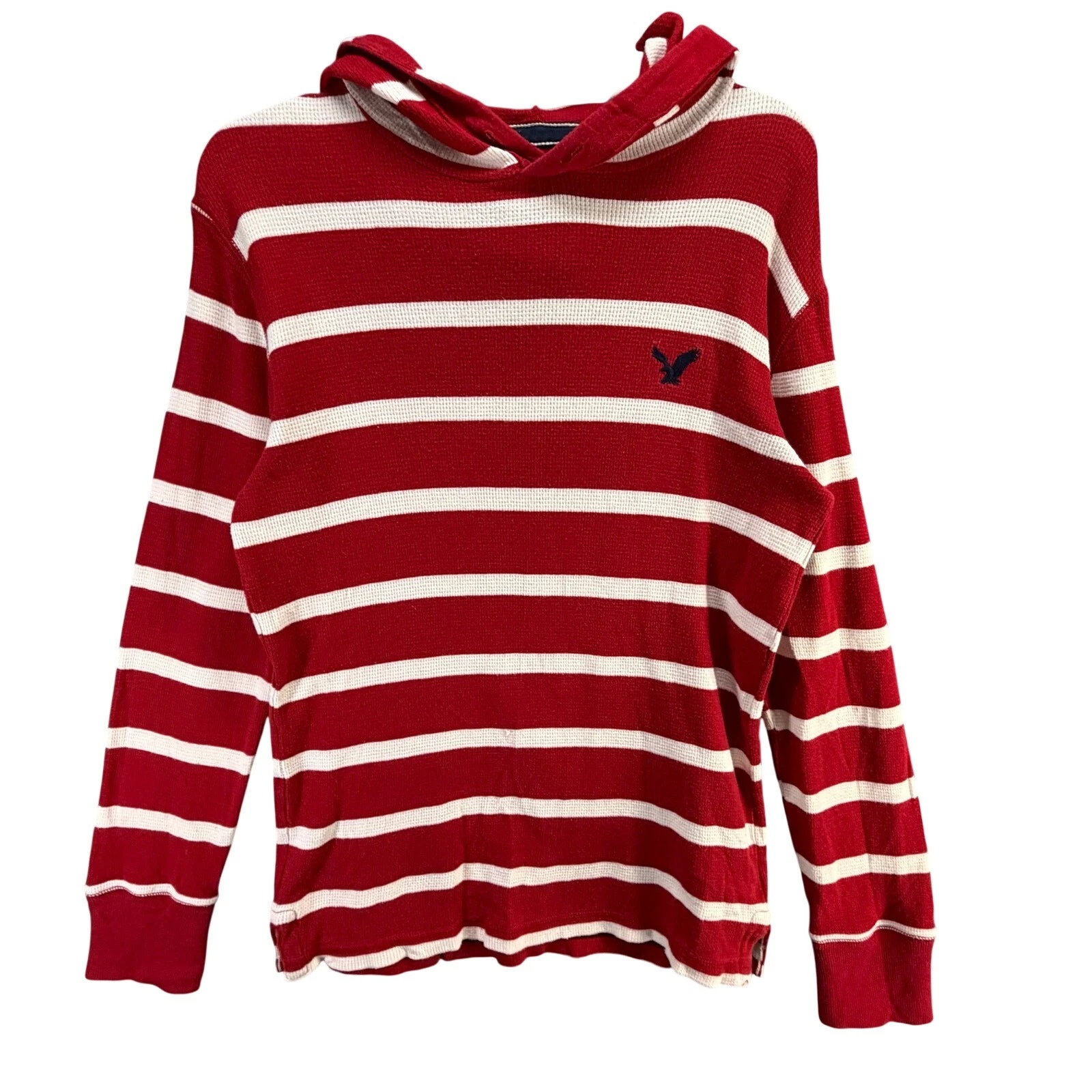 American Eagle Y2K Waffle Knit Hoodie Shirt Unisex Small Red White Striped