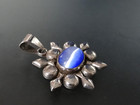 925 Sterling Silver Blue Cat Eye Necklace Pendant 17g Modernist Mexico Boho — photo 2
