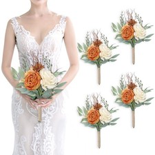 4 PCS Burnt Orange Artificial Flowers Small Bridesmaid Bouquets 7 Inch Wedding
