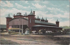 Burlington RR Station Vermont VT 1910s Depot Trolley Car Postcard