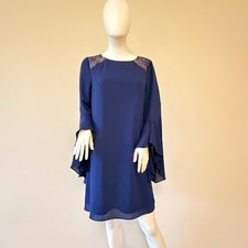 NWT Halston Heritage Lace Insert Dress Navy Blue Ruffle Sleeve Mini Dress Size 8