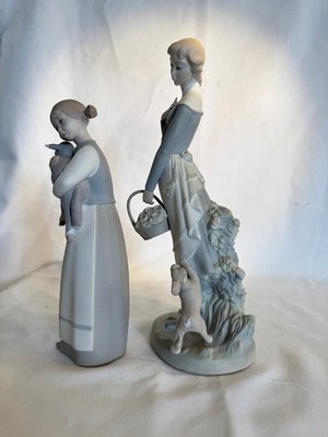 2 x LLADRO Figurine, Girl With Basket Flowers & Dog (Nao) + Girl