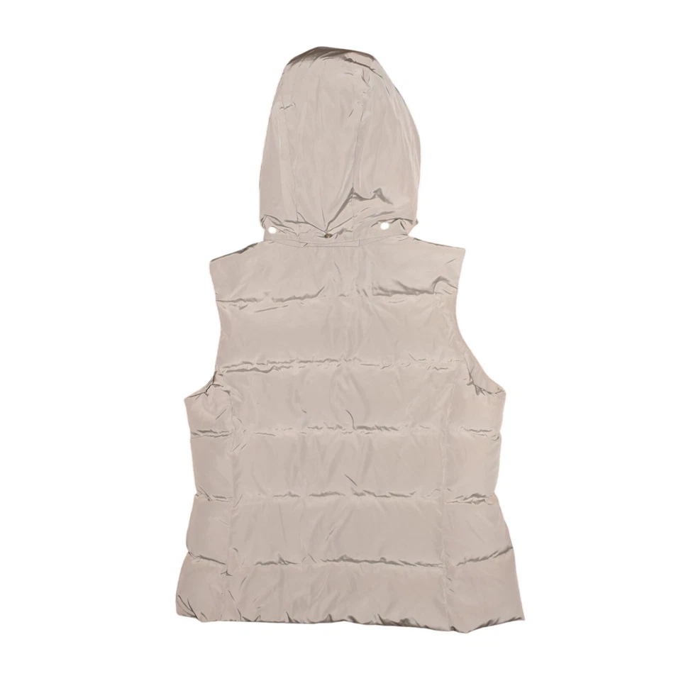 TALBOTS $149 Light Gray Down Insulated Puffer Vest Faux Fur Trim Hood Large - Image 2 of 3