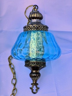 Vintage Mid Century Modern Blue Glass Hanging Swag Lamp Diffuser Metal Mesh MCM