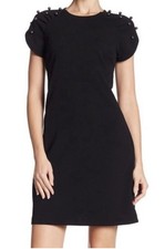 Betsey Johnson Black Dress Faux Pearl Shoulder Detail Plus Size 16 Ruched Beads