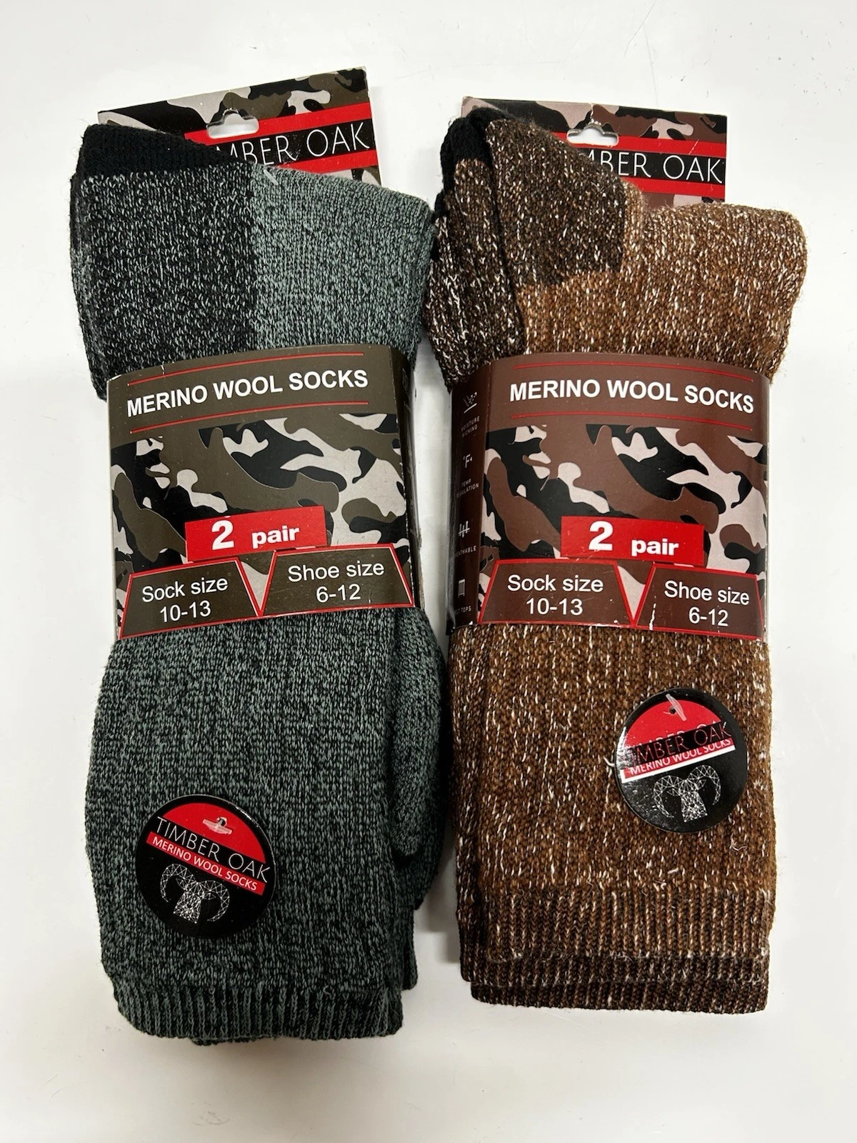 Lot of 2 Timber Oak Merino Wool Socks Packs Adult Size 10-13 Four Pairs Of Socks