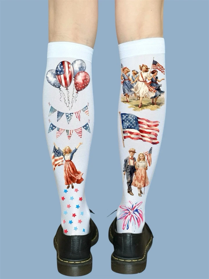 Calcetines hasta la rodilla estilo vintage 4 de julio - estampado patriótico retro para mujer Foto 2 de 2