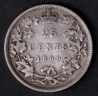 Canada 1899 25c Twenty Five Cent Silver Quarter Queen Victoria F .925 Silver