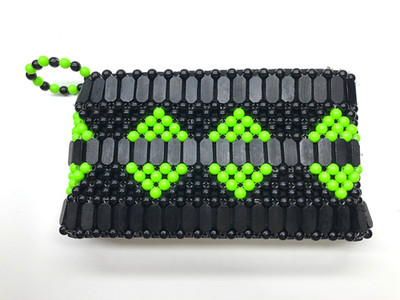 Unbranded Handmade Beaded Pouch Wallet Clutch Black Green Zipper 8.5''x 4.5''