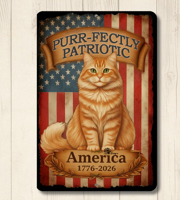 Patriotic Orange Tabby Cat Sign American Decor metal tin wall art USA flag gift