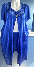   VTG Gilead SZ Large Nightie Nightgown Nylon Satin Blue Lace Trim USA