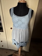 Italian Boutique Ladies Top Size 10 Pale Blue Sleeveless Lace Trim Lightweight