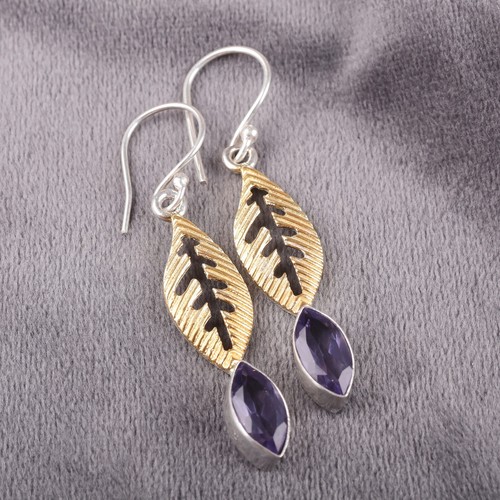 Beautiful Iolite Gemstone Dangler Earrings 925 Sterling Silver Handmade Jewelry - Picture 2 of 5