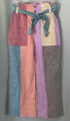 New Current Air MultiColor Pastel Patchwork Paper Bag Linen Crop Pants Sz Medium