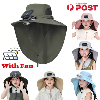 Kids Fishing Cap Solar Fan USB Wide Brim Hat Adjustable Cooling Outdoor Summer