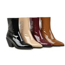 Women's Shiny Leather Ankle Boots Dress Shoes Cuban Heel Office Lady Fall Winter