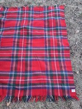 Vintage Troy Robe Plaid Wool Fringe Stadium Picnic Blanket Red Green 60" x 56"
