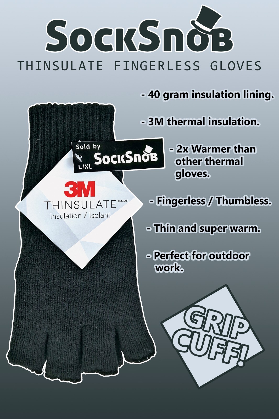 Mens 3M Thinsulate 40 gram Thermal Insulated Winter Knit Black Fingerless Gloves eBay
