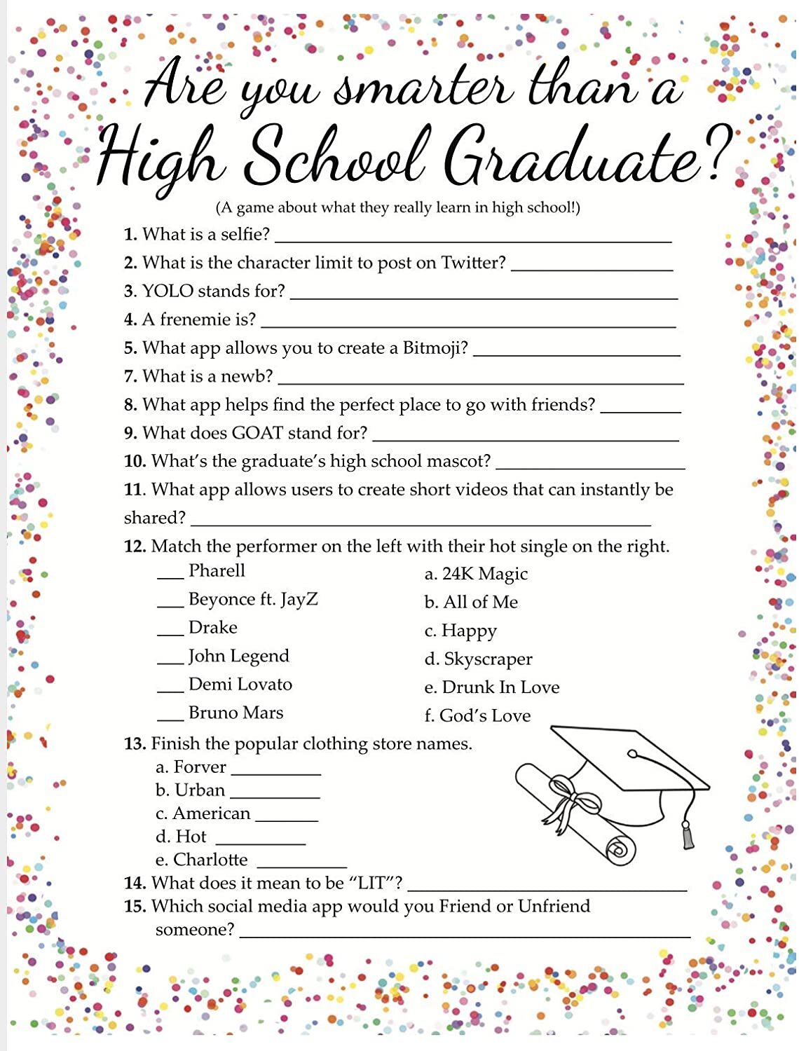 Graduation Party Game – Are You Smarter Than a High School Graduate, 25  count | eBay