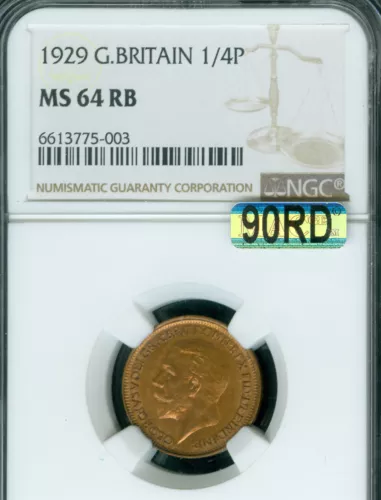 1929 GREAT BRITAIN FARTHING NGC MS64 RB MAC 90rd & SPOTLESS  *