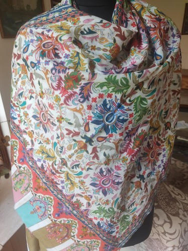 WHITE Kalamkari Print pashmina ~ FAMOUS DESIGNER ARTIST shawl Cashmere RARE ITEM - Picture 5 of 8