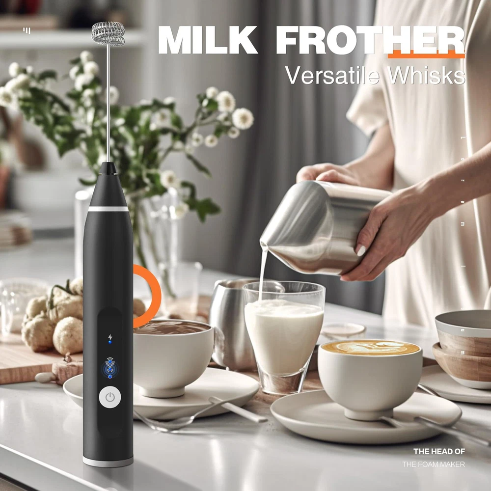 Milk Frother Rechargeable Handheld Electric Whisk Coffee Frother Mixer with 2...