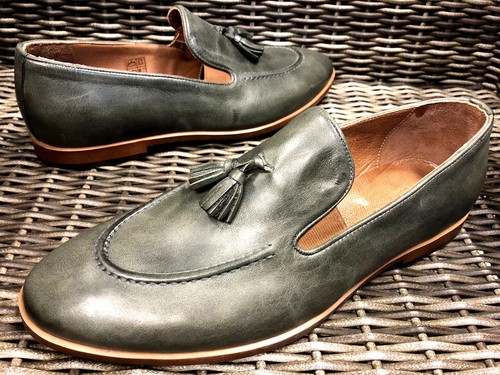 DESIGNER SLIPPER GRAU GRÜN MOKASSIN MOKASSINS HANDARBEIT LEDER HERRENSCHUHE 43 - Bild 2 von 6