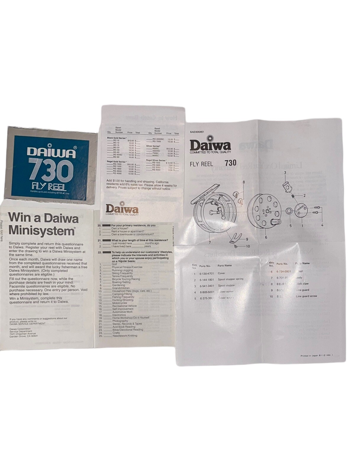 DAIWA 730 FLY REEL MANUAL AND SCHEMATIC Paperwork vintage